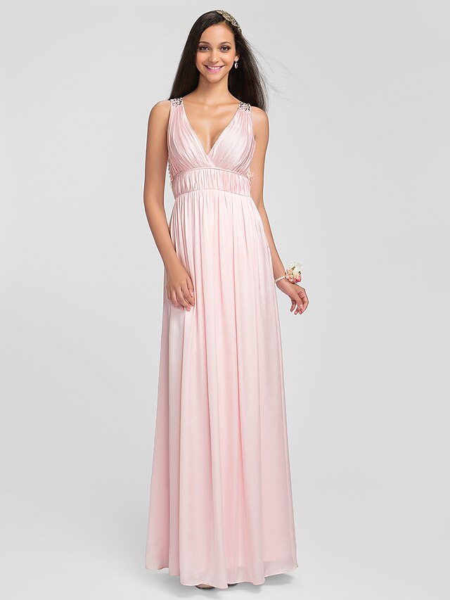  Sheath / Column V Neck Floor Length Charmeuse Bridesmaid Dress with Crystals / Draping / Side Draping