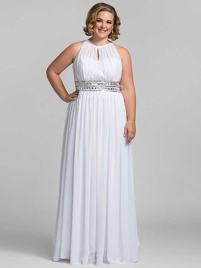  Sheath / Column Celebrity Style Dress Prom Floor Length Sleeveless Halter Neck Chiffon with Pleats Sequin 2022 / Formal Evening / Keyhole