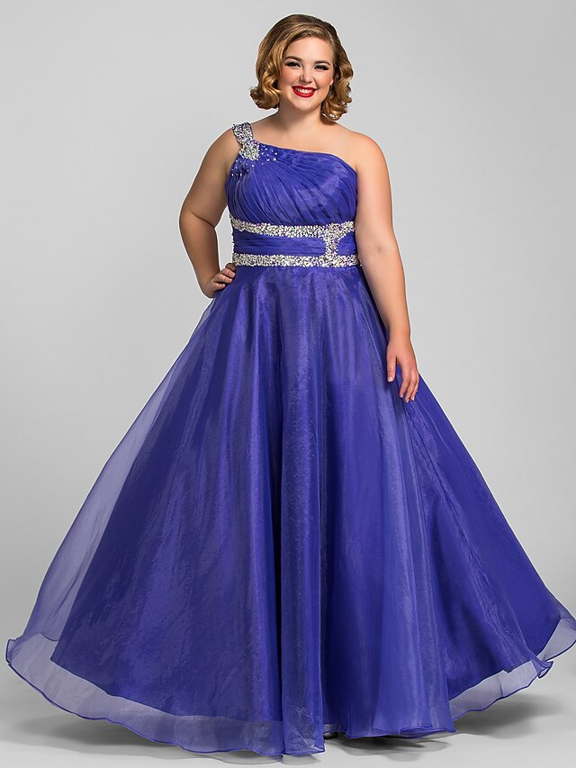  Plus Size A-Line One Shoulder Floor Length Organza Prom / Formal Evening Dress with Crystals / Ruched by TS Couture®