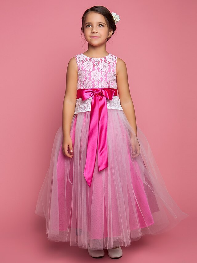  Princess / A-Line Floor Length Lace Sleeveless Jewel Neck with Sash / Ribbon / Bow(s)