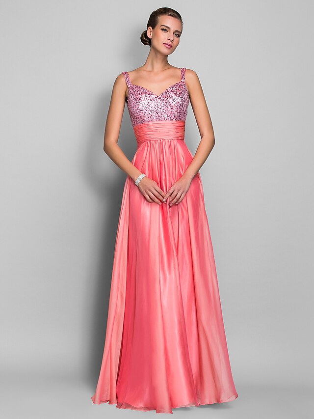  Sheath / Column Sparkle & Shine Dress Prom Formal Evening Floor Length Sleeveless Spaghetti Strap Chiffon with Ruched Sequin 2023