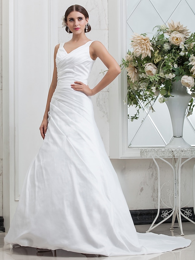  А-силуэт Свадебные платья V-образный вырез С длинным шлейфом Тафта обычные Нарядная Маленькие белые платья с Оборки сбоку 2021