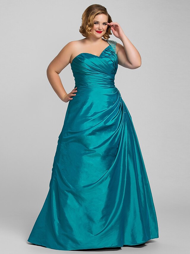  A-Line Elegant Prom Formal Evening Dress One Shoulder Sleeveless Floor Length Taffeta with Beading Side Draping 2020