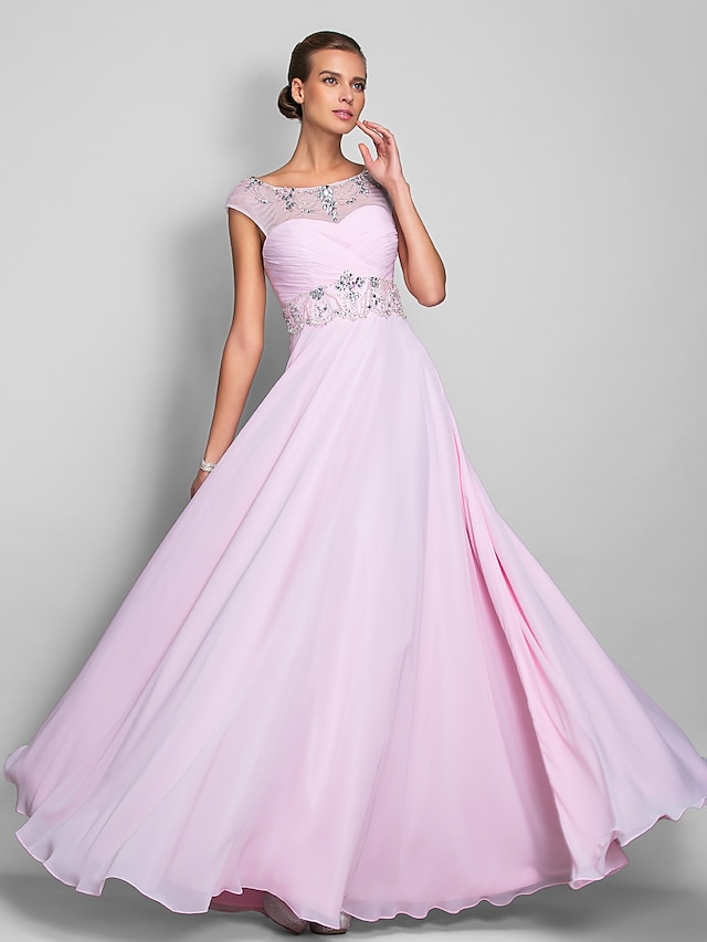  A-Line Empire Dress Wedding Guest Formal Evening Floor Length Short Sleeve Illusion Neck Chiffon Backless with Crystals Beading 2024