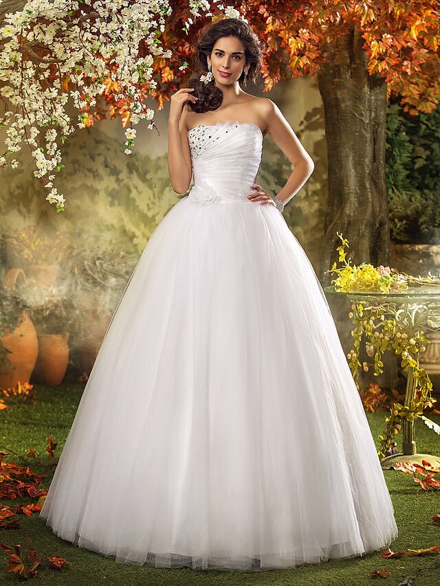  Ball Gown Wedding Dresses Strapless Floor Length Tulle Strapless with Beading Flower Side-Draped 2020