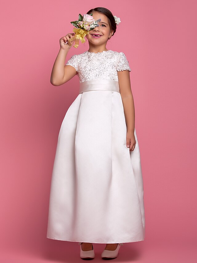  A-Linie Knöchellänge Blumenmädchenkleid Erstkommunion Süßes Ballkleid Satin mit Spitze Fit 3-16 Jahre