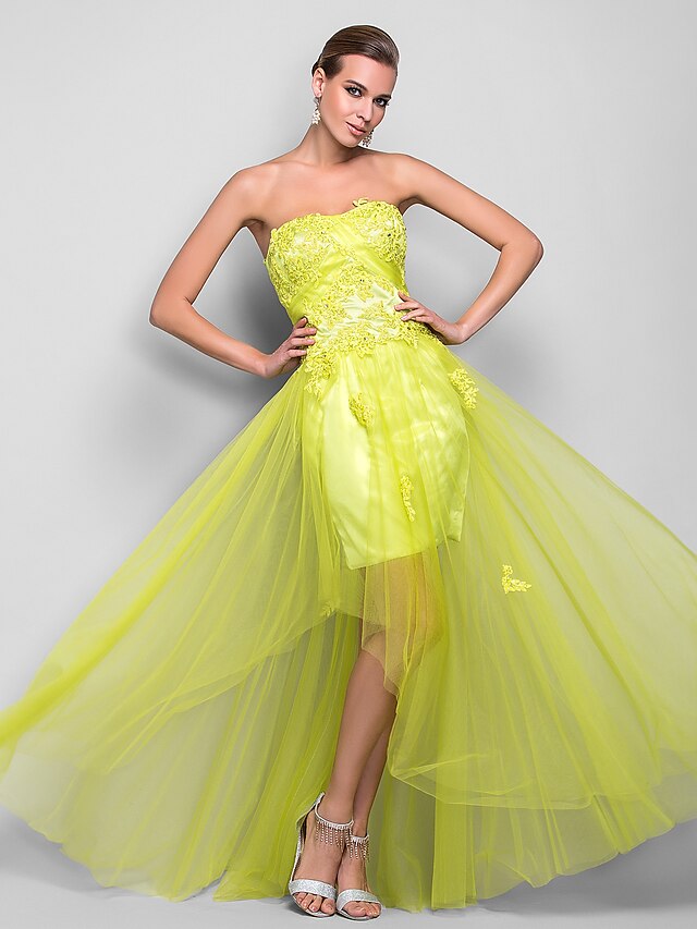 A Line Princess Strapless Floor Length Satin Tulle Dress With Appliques Draping Split 2297