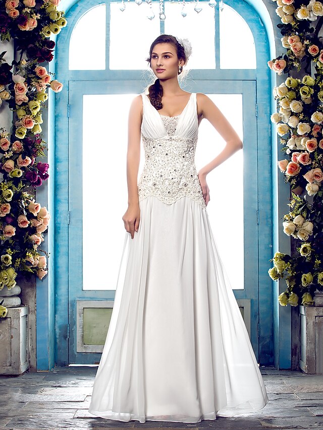  A tubino Abiti da sposa A V Lungo Chiffon Senza maniche Look luminoso e scintillante con Perline Con applique Drappeggio a lato 2020