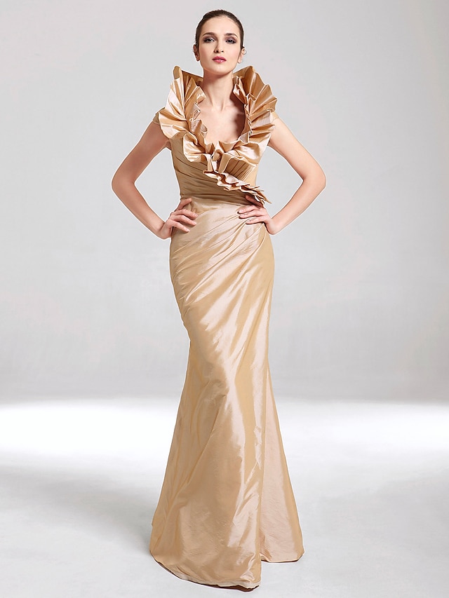  Mermaid / Trumpet Elegant Dress Party Wear Floor Length Sleeveless V Neck Taffeta with Ruffles 2022