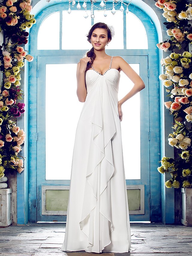  Sheath / Column Wedding Dresses Sweetheart Neckline Floor Length Chiffon Spaghetti Strap Simple Sparkle & Shine with Beading Side-Draped 2021