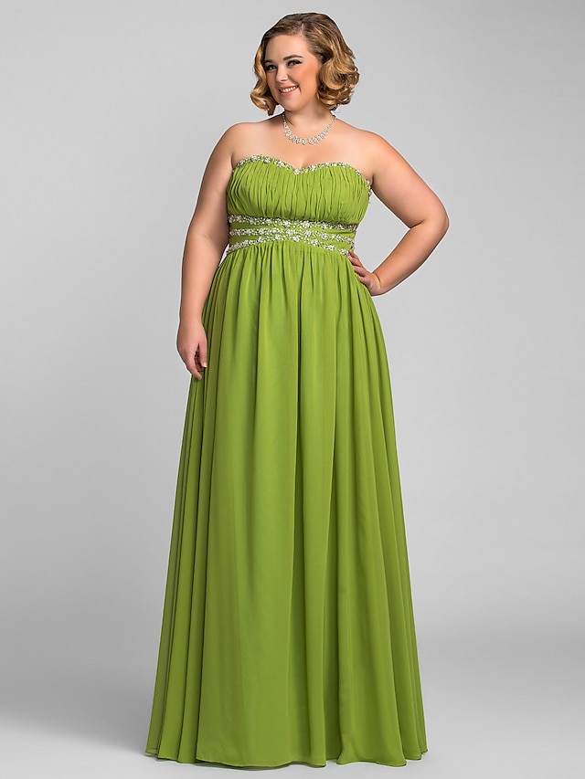 A-Line Elegant Prom Formal Evening Dress Sweetheart Neckline Sleeveless Floor Length Chiffon with Pleats Beading 2021