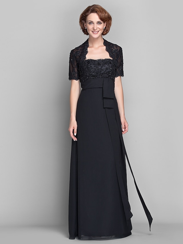  Sheath / Column Mother of the Bride Dress Wrap Included Strapless Floor Length Chiffon Lace Short Sleeve with Beading Appliques 2023