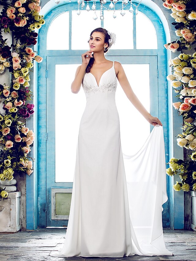  Sheath / Column Spaghetti Strap Sweep / Brush Train Chiffon Made-To-Measure Wedding Dresses with Beading / Appliques by LAN TING BRIDE® / Removable train