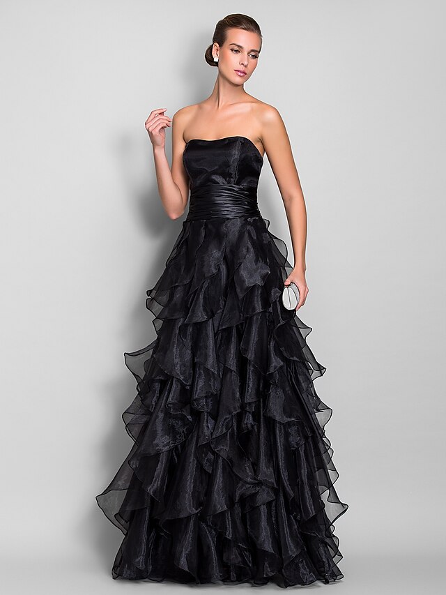  A-Line Elegant Dress Prom Floor Length Sleeveless Strapless Organza with Ruffles Tier 2022 / Formal Evening