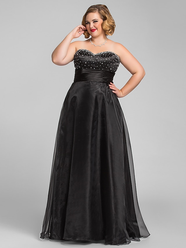  A-Line Black Dress Prom Formal Evening Floor Length Sleeveless Sweetheart Organza with Ruched Beading 2024