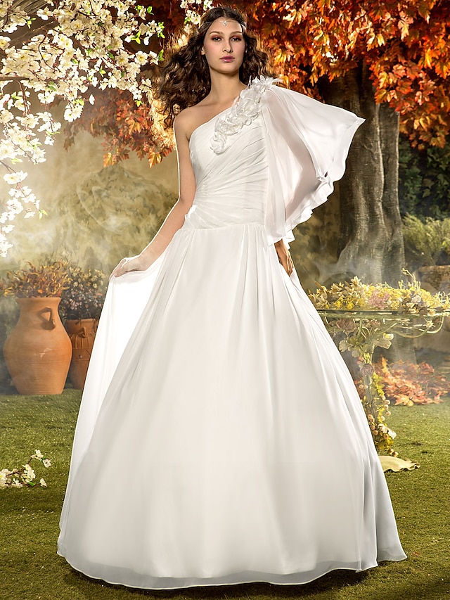  A-linje Enaxlad Golvlång Chiffong Bröllopsklänningar tillverkade med Blomma / Sidodraperad av LAN TING BRIDE® / Illusion
