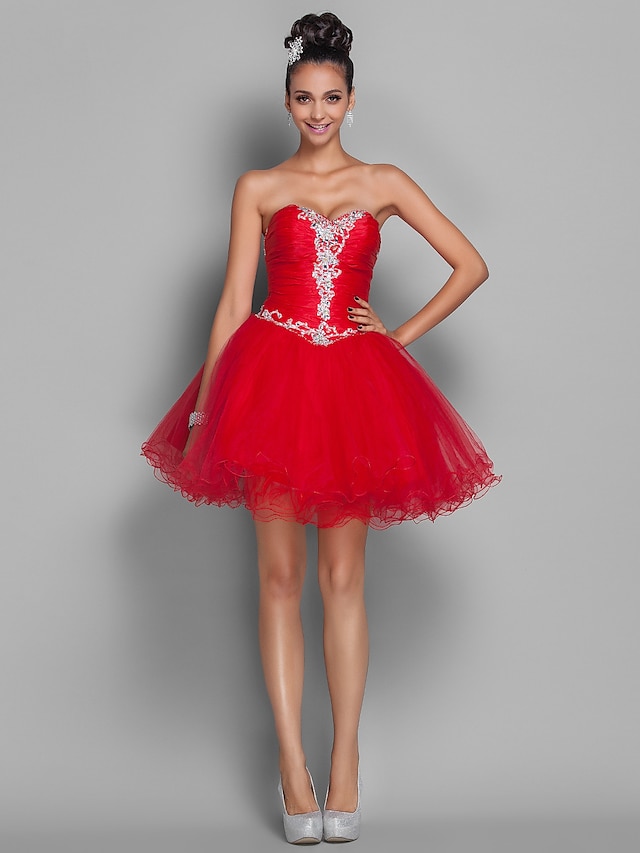  Ball Gown Open Back Cute Holiday Homecoming Cocktail Party Dress Sweetheart Neckline Sleeveless Short / Mini Organza Tulle with Beading Appliques 2021