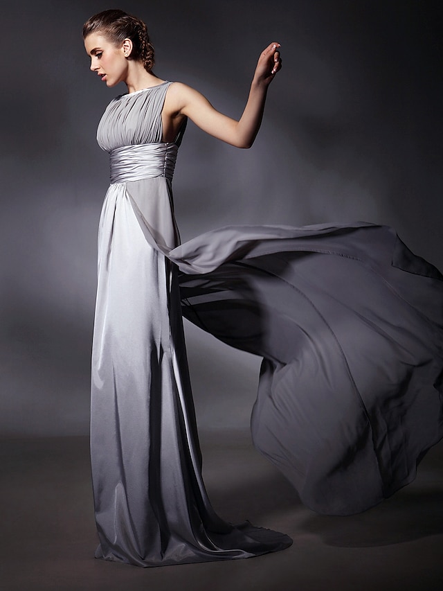 Sheath / Column Elegant Dress Formal Evening Sweep / Brush Train Sleeveless Jewel Neck Chiffon with Sash / Ribbon 2024