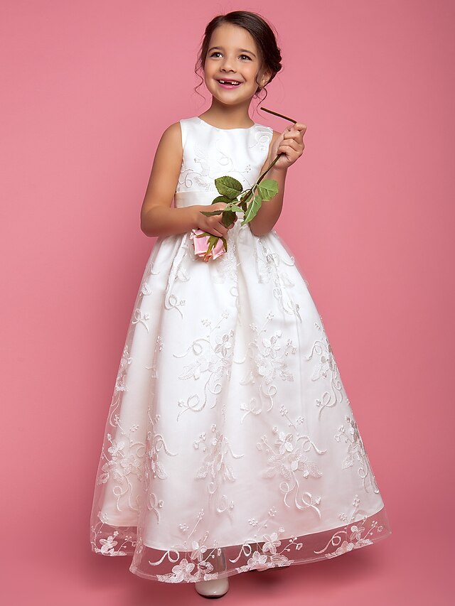  A-Line / Princess Floor Length Flower Girl Dress - Lace Sleeveless Jewel Neck with Sash / Ribbon by LAN TING BRIDE®