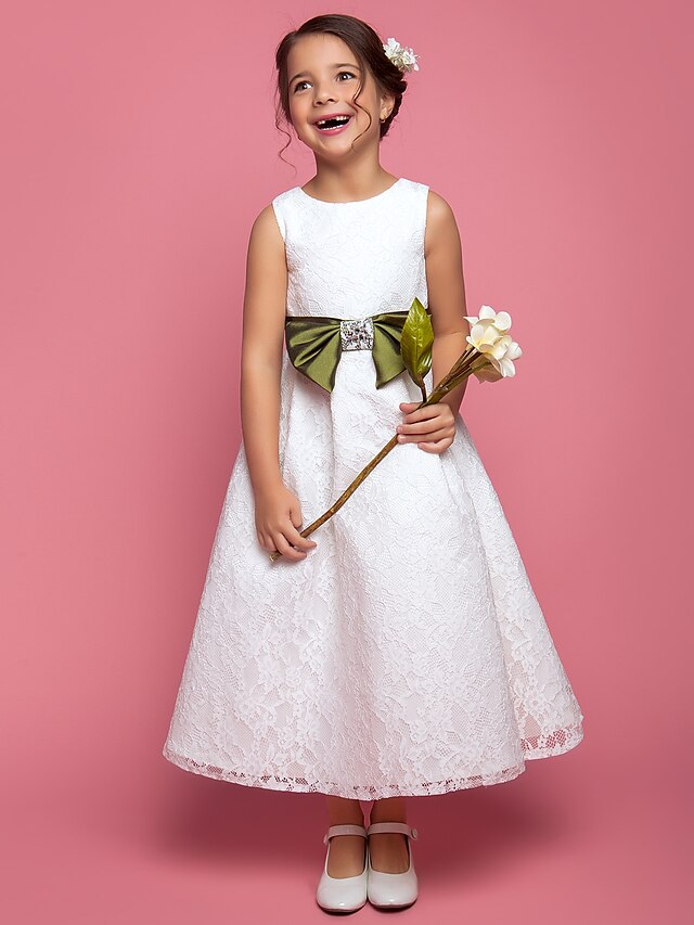 A-Line / Princess Ankle Length Flower Girl Dress - Lace Sleeveless Scoop Neck with Bow(s) / Crystals / Sash / Ribbon by LAN TING BRIDE®