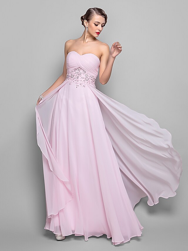  A-Line Empire Pink Wedding Guest Formal Evening Dress Sweetheart Neckline Sleeveless Floor Length Georgette with Beading Sequin Overskirt 2020