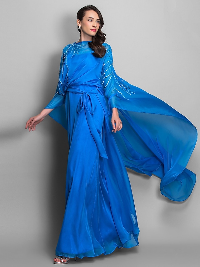  Sheath / Column Elegant Dress Formal Evening Floor Length Sleeveless Spaghetti Strap Chiffon with Sash / Ribbon Sequin 2022