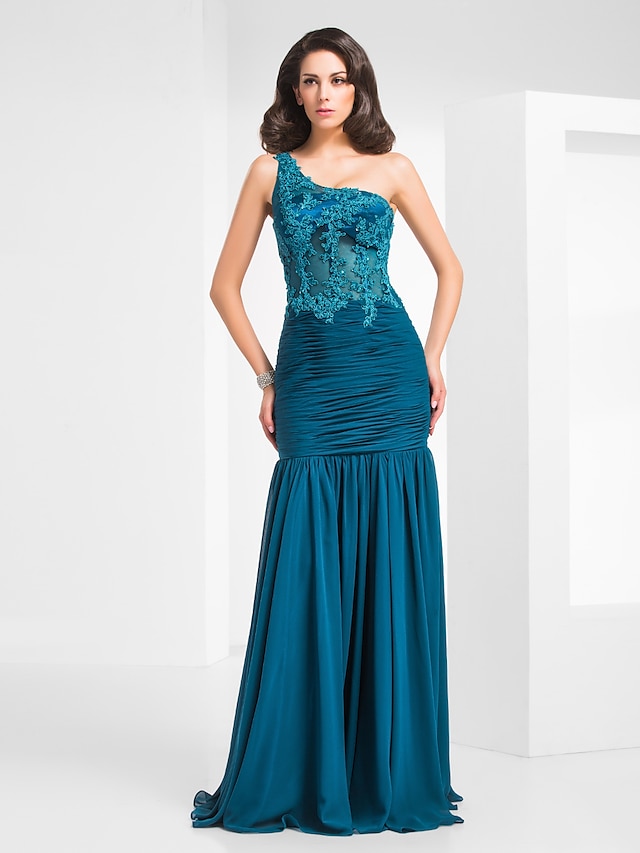  Mermaid / Trumpet One Shoulder Floor Length Chiffon / Tulle Dress with Beading / Appliques / Ruched by TS Couture®