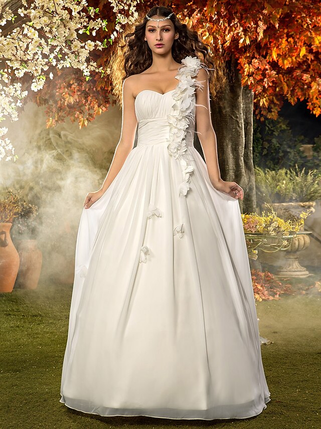  Princess A-Line Wedding Dresses One Shoulder Floor Length Chiffon Sleeveless with Ruched Draping Flower 2020