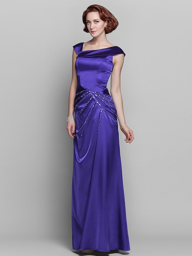 Sheath / Column Mother of the Bride Dress Elegant Off Shoulder Floor Length Stretch Satin Sleeveless with Beading Side Draping 2023