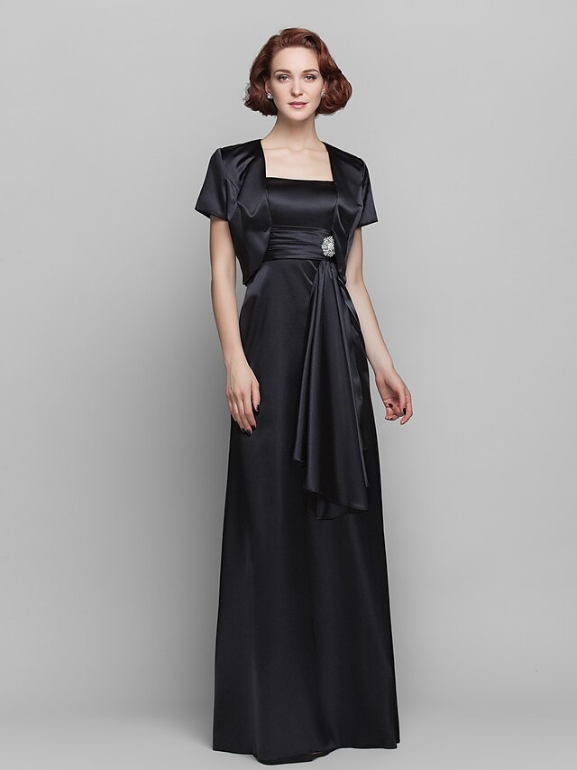  teacă / coloană rochie mama miresei împachetare inclusă curea spaghetti lungime pardoseală din satin elastic cu mânecă scurtă cu ciucuri încrețit broșă cu cristal 2021