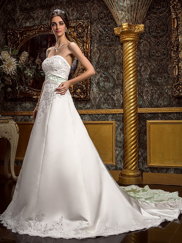  A-Line Sweetheart Neckline Cathedral Train Lace Over Satin Made-To-Measure Wedding Dresses with Beading / Appliques / Sash / Ribbon by LAN TING BRIDE®
