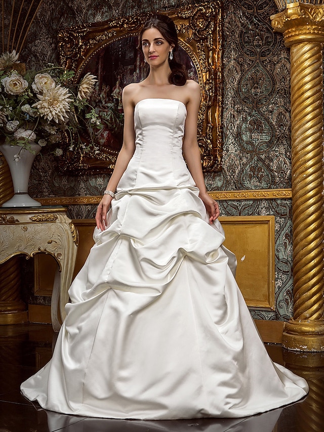  Ball Gown Strapless Sweep / Brush Train Satin Strapless Vintage Backless Made-To-Measure Wedding Dresses with Pick Up Skirt 2020