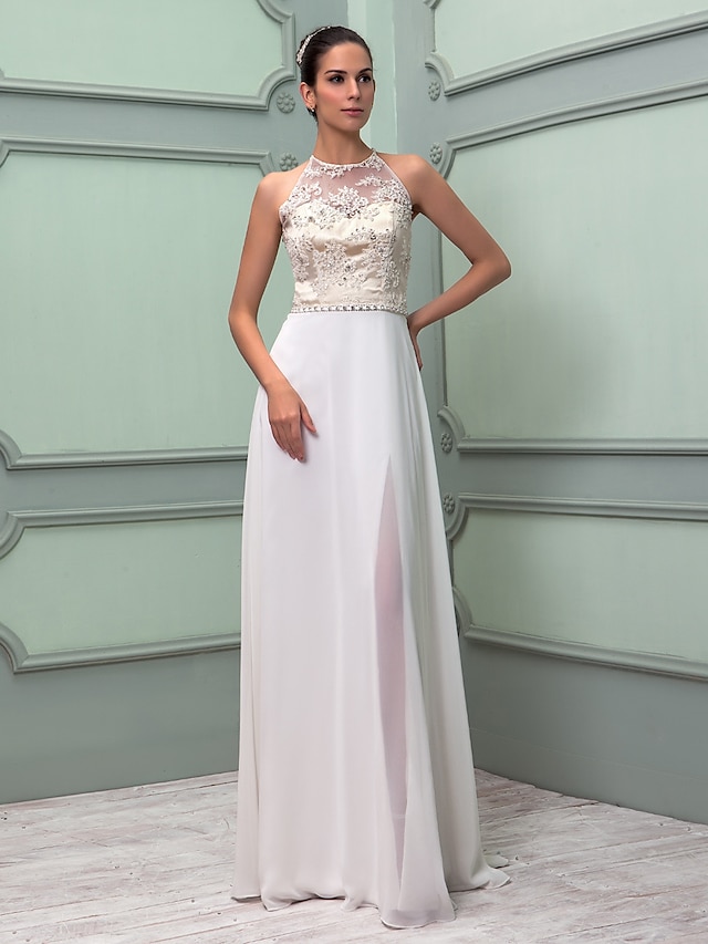  Sheath / Column Wedding Dresses Jewel Neck Floor Length Chiffon Lace Regular Straps See-Through with Sash / Ribbon Beading Split 2021