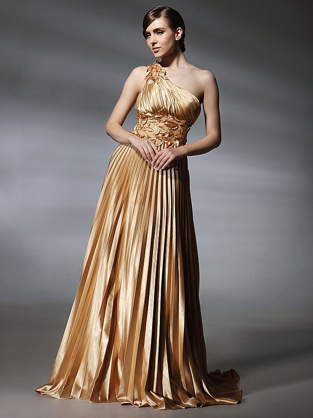  A-Line Elegant Dress Prom Sweep / Brush Train Sleeveless One Shoulder Stretch Satin with Pleats Appliques 2022