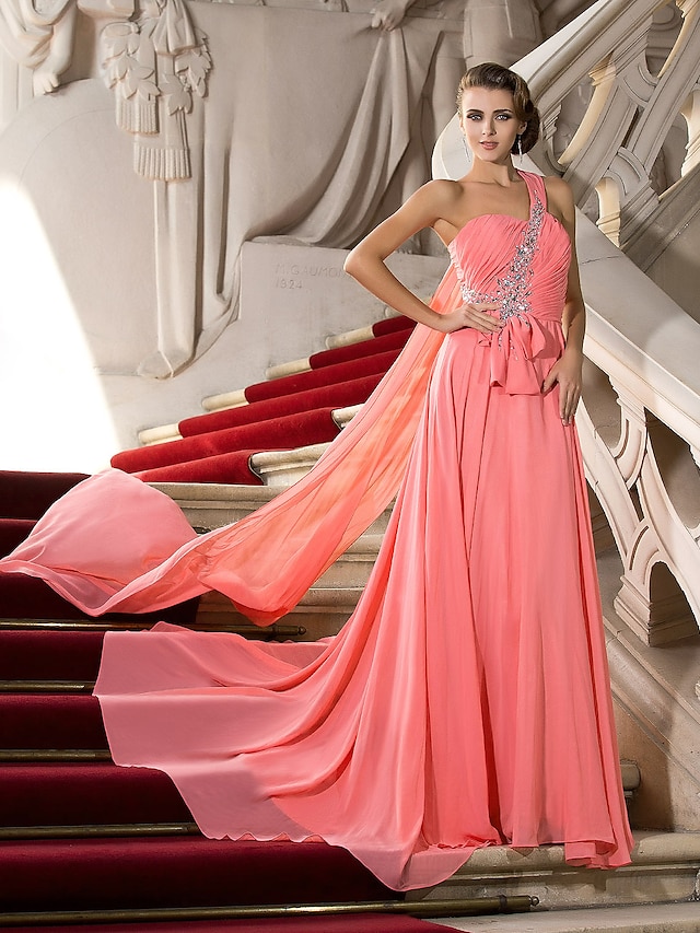  A-Line Elegant Dress Engagement Court Train Sleeveless One Shoulder Chiffon with Crystals Draping 2022 / Formal Evening