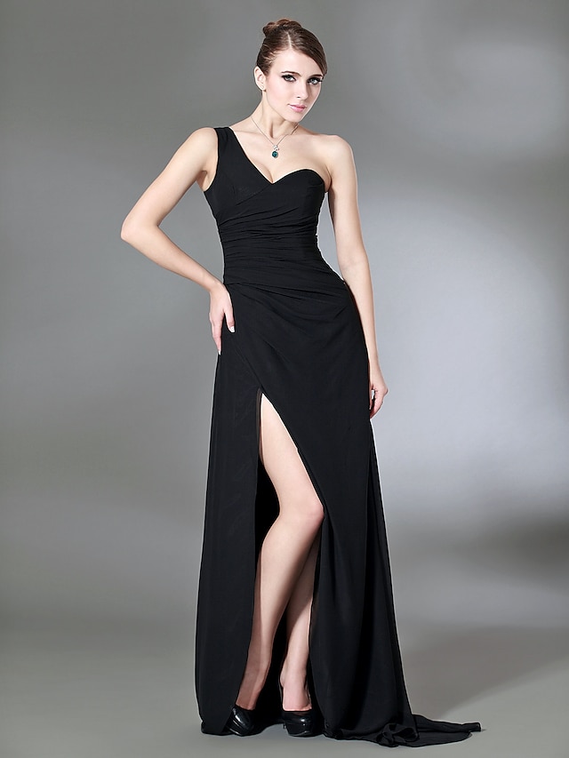  Sheath / Column One Shoulder Sweep / Brush Train Chiffon Dress with Side Draping / Split Front by TS Couture®