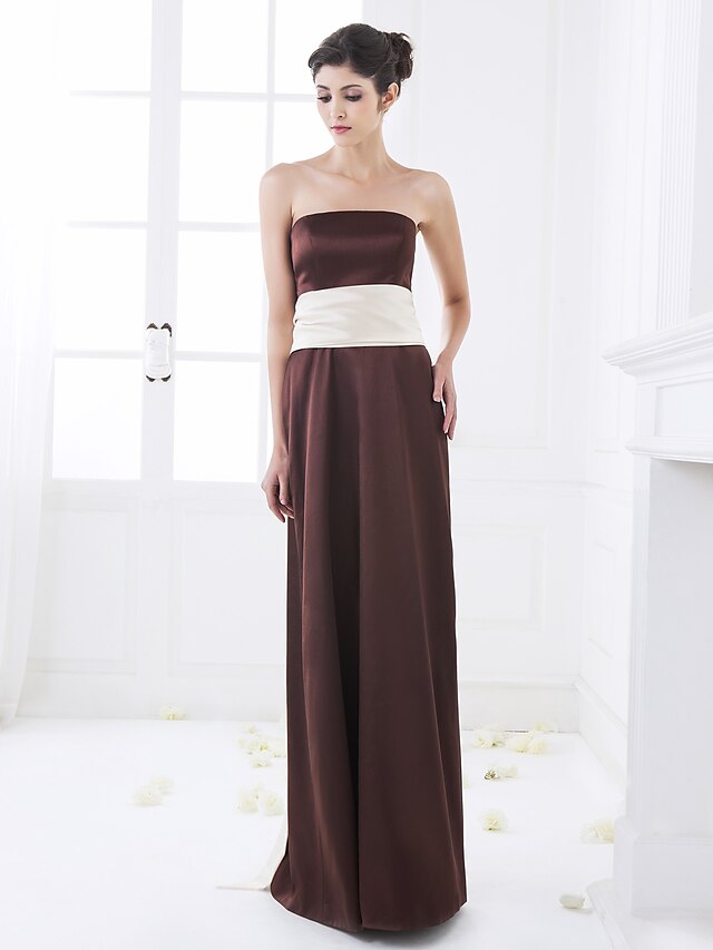  A-Line Strapless Floor Length Stretch Satin Bridesmaid Dress with Sash / Ribbon by LAN TING BRIDE® / Color Block