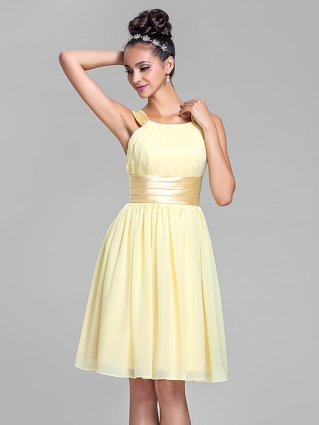  A-Line Bridesmaid Dress Straps Sleeveless Knee Length Chiffon / Stretch Satin with Ruched / Draping