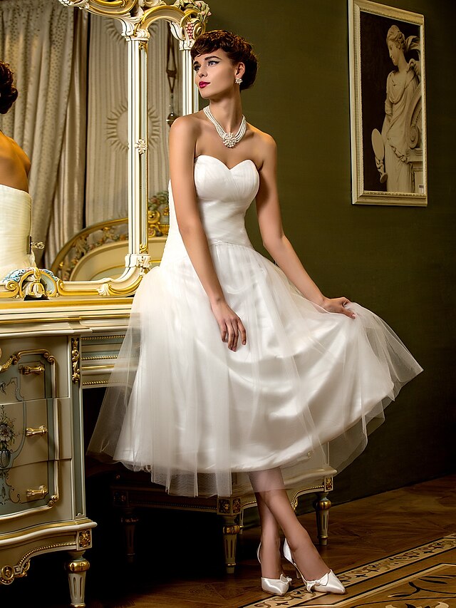  A-Line Sweetheart Neckline Tea Length Tulle Made-To-Measure Wedding Dresses with Criss-Cross by LAN TING BRIDE®