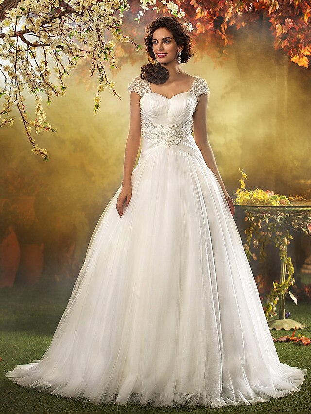  A-line Princess Queen Anne Sweep / Brush Train Tulle Wedding Dress with Beading Appliques Draped by LAN TING BRIDE®