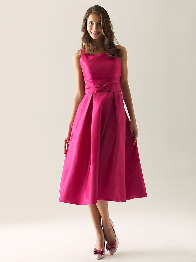  Ball Gown / A-Line Straps Tea Length Taffeta Bridesmaid Dress with Bow(s) / Draping