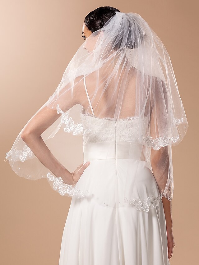  Two-tier Wedding Veil Elbow Veils 53 Applique Bead Lace Tulle A-line, Ball Gown, Princess, Sheath/ Column, Trumpet/ Mermaid
