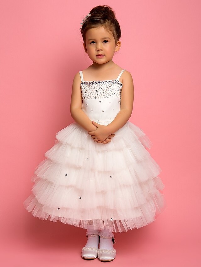  A-Line Ball Gown Princess Knee Length Flower Girl Dress - Chiffon Lace Satin Tulle Sleeveless Spaghetti Straps with Beading Lace by