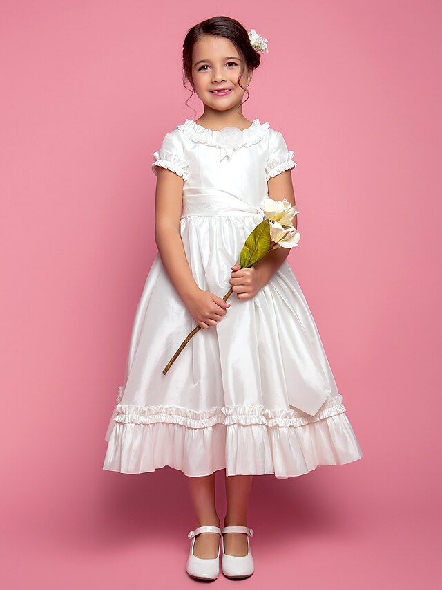  A-Line / Princess Tea Length Flower Girl Dress - Taffeta Short Sleeve Jewel Neck with Sash / Ribbon / Ruffles / Flower by LAN TING BRIDE®