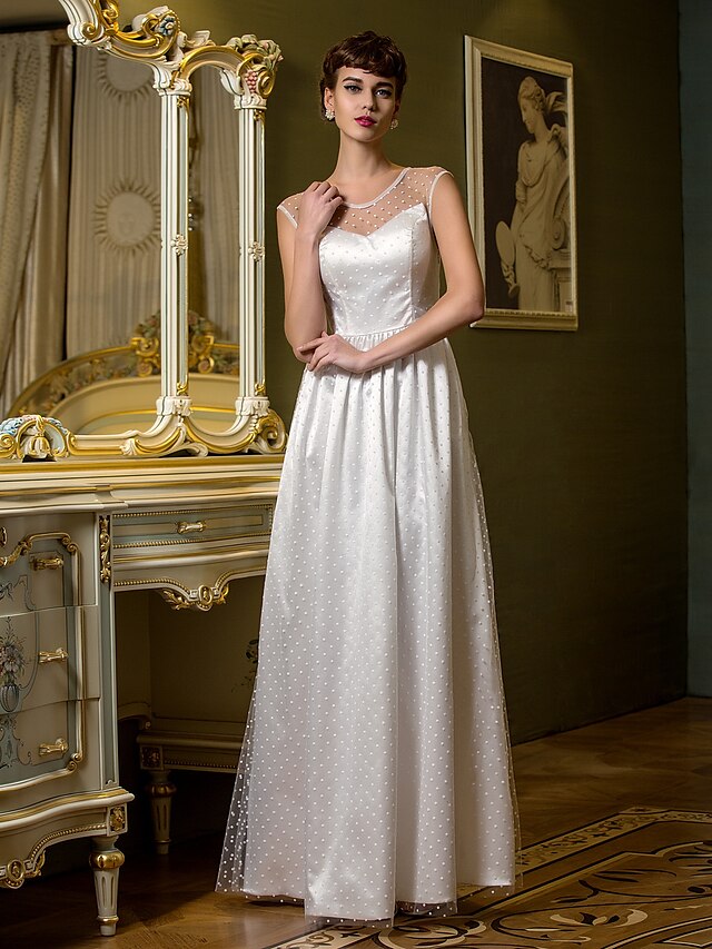  Sheath / Column Scoop Neck Floor Length Tulle Made-To-Measure Wedding Dresses with Draping by LAN TING BRIDE®