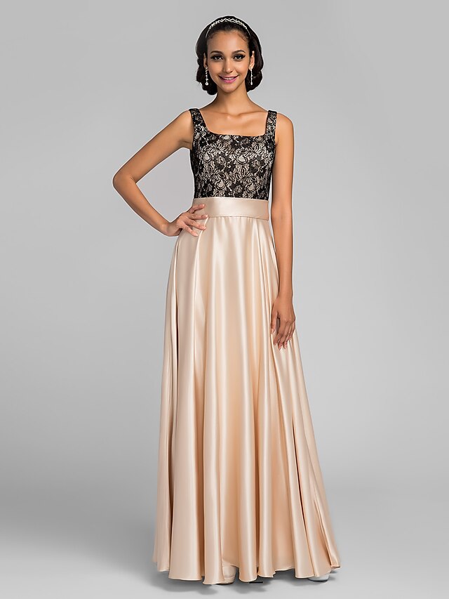  A-Line Square Neck Floor Length Charmeuse Bridesmaid Dress with Lace / Sash / Ribbon