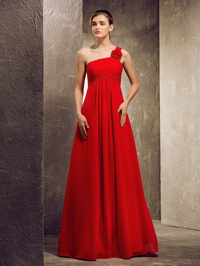  A-Line One Shoulder Floor Length Chiffon Bridesmaid Dress with Pleats Flower by LAN TING BRIDE®