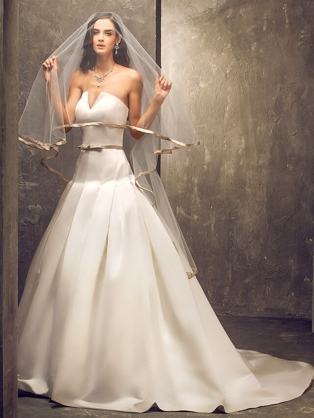  A-Line Strapless Court Train Satin Made-To-Measure Wedding Dresses with Bowknot / Draping / Sash / Ribbon by LAN TING BRIDE®