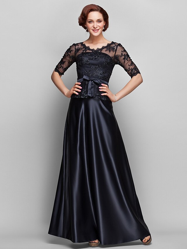  A-Line Mother of the Bride Dress See Through V Neck Floor Length Satin Lace Half Sleeve with Lace Bow(s) Beading 2024
