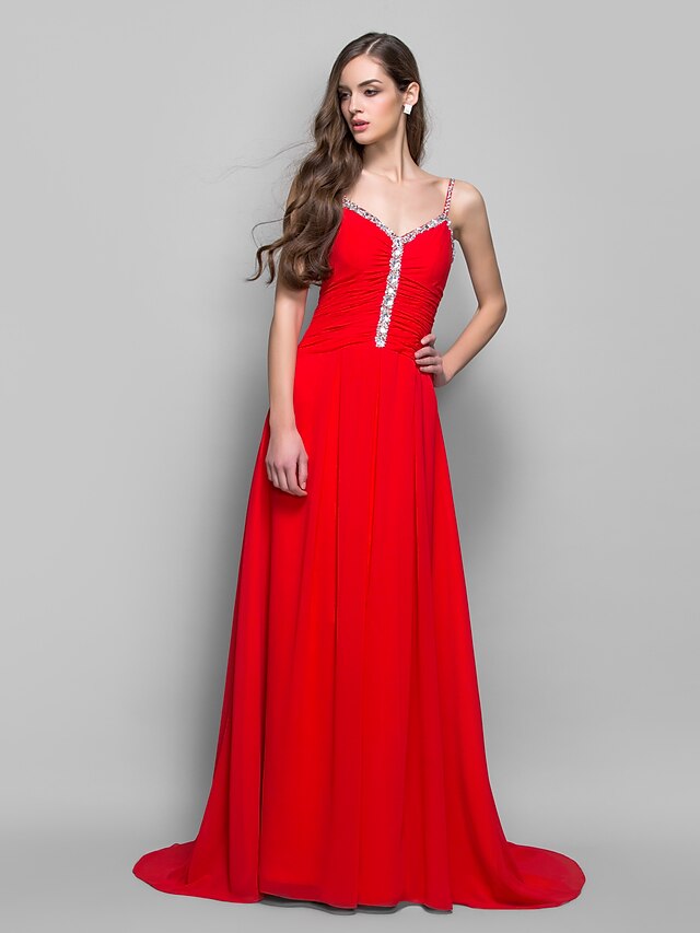  Ball Gown Open Back Prom Formal Evening Military Ball Dress Spaghetti Strap Sleeveless Sweep / Brush Train Chiffon with Ruched Crystals Beading 2021